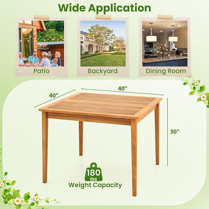 Tangkula 4-Person Outdoor Acacia Wood Dining Table, 40" Square Bistro Table with 1.96" Umbrella Hole, Outdoor Patio Table for Porch, Deck, Garden and Backyard, Natural