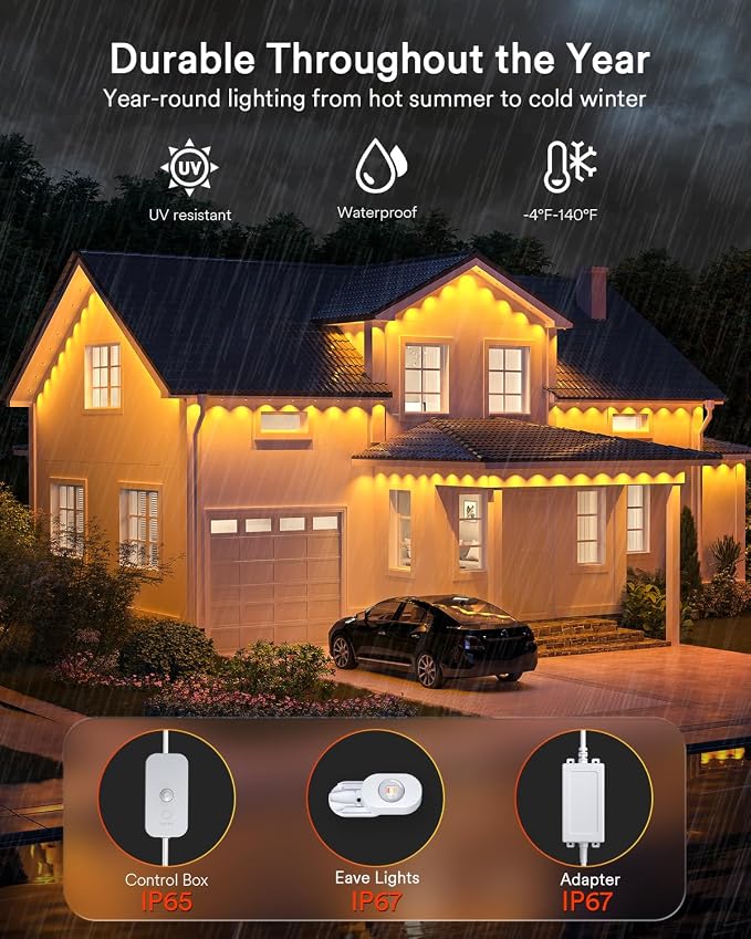 Lumary Permanent Outdoor Lights 2 with Remote, 150ft RGBAICW Outdoor Lights | 16 Million Color, IP 67 Waterproof, Work with Alexa Google, 110+ Scene Modes for Outdoor House Patio Area, 90 RGBAICW LEDs