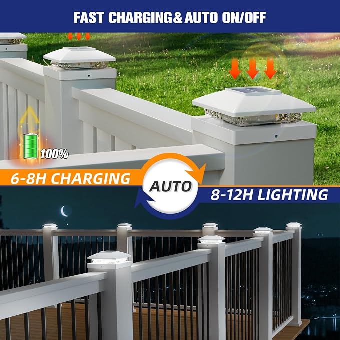 APONUO Solar Post Cap Lights for 4x4 5x5 Posts - IP64 Waterproof, 6500K LED, No-Wire Fence Lights & Deck Lights for Patio Garden Yard Patio, White-Cool White, 8 Pack