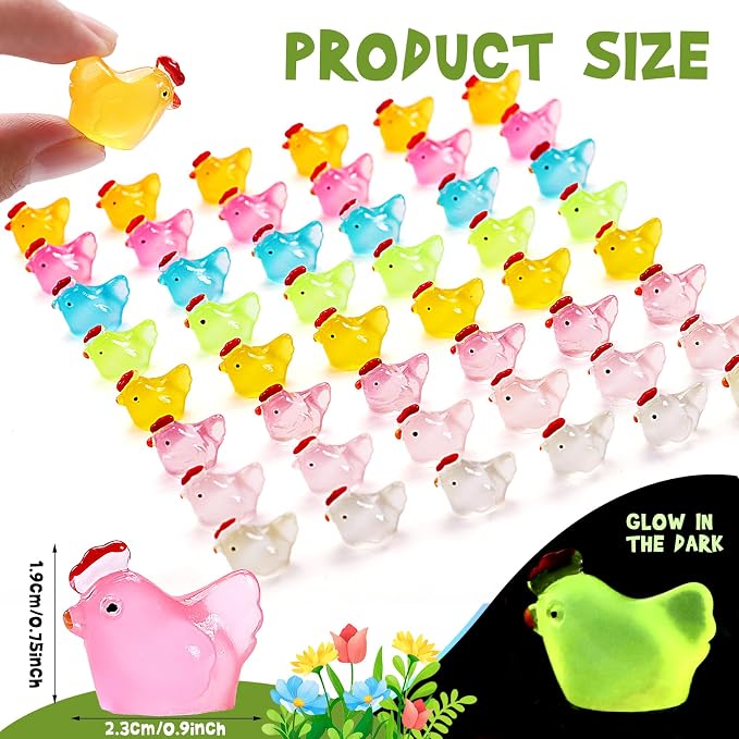 320 Pcs Luminous Mini Resin Chicken, Figurines Resin Miniature Animals 8 Colors, Glow in Dark Resin Chicken Hens Animal Figures for DIY Project, Garden, Dollhouse, Aquarium Decor, Glow at Night