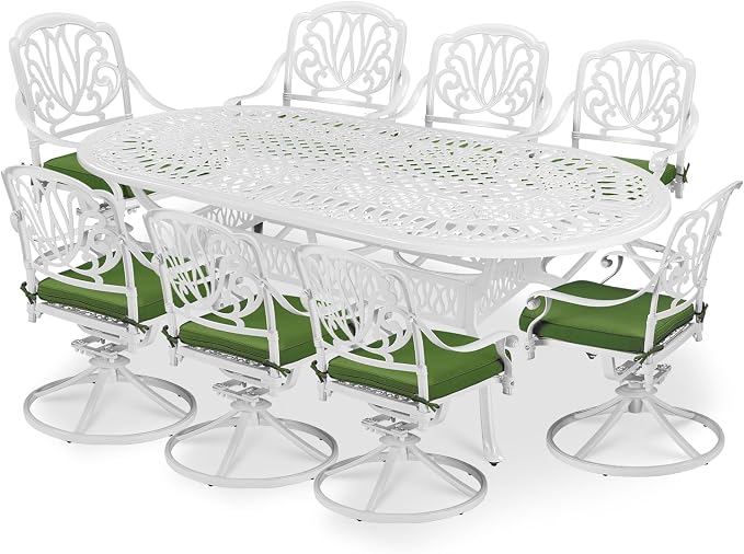 VIVIJASON 9-Piece Patio Furniture Dining Set, All-Weather Cast Aluminum Outdoor Conversation Set Include 8 Swivel Dining Chairs and an Oval Table with Umbrella Hole, White/Green Cushion