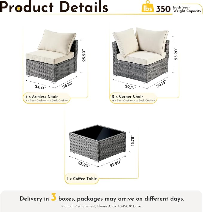 Weaxty 7 Pieces Outdoor Patio Furniture Set,Wicker Sectional Sofa Couch with Thicken Cushion and Glass Coffee Table,All Weather Rattan Patio Conversation Sets for Porch,Poolside,Backyard,Beige