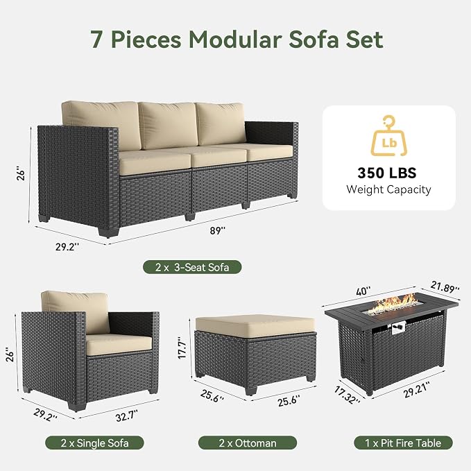 Aoxun 7 Piece Patio Furniture Set with Fire Pit Table, 10 Seats Outdoor Furniture Set with Wicker Ottomans, Rattan Outdoor Sectional Sofa with Thickened Cushion & Waterproof Cover Beige