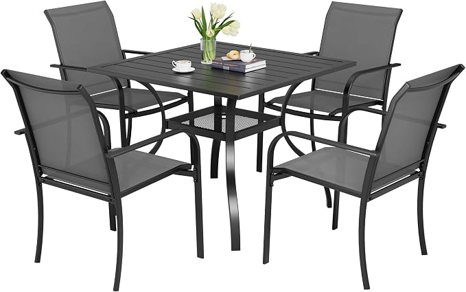 Incbruce 5 Pieces Patio Dining Set, Outdoor Dining Set of 4 Textilene Chairs and Square Table with Umbrella Hole for Backyard, Garden, and Poolside (Grey)