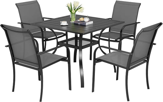 5-Piece Patio Dining Set,4 Person Outdoor Table and Chairs Set, 4 Metal Dining Chairs and Square Outdoor Table with 1.57" Umbrella Hole,Grey