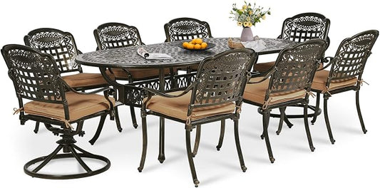 9-Piece Patio Dining Set, Outdoor Patio Table and Chair Set of 84” Oval Cast Aluminum Dining Table with Umbrella Hole, 6 Stationary, 2 Swivel Rocker Chairs, Patio Funiture Set for Backyard