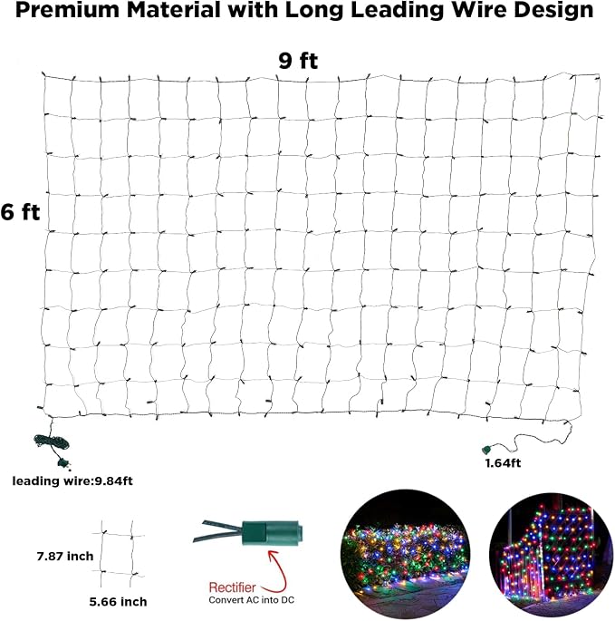 Led Net Lights Christmas Lights Outdoor 200Leds 9ftx6ft Upgraded Multicolor Christmas Net Lighting, Waterproof 5mm LED Wide Angle Outdoor Indoor Mesh Net Light for Trees, Bushes, Shrubs Decorations