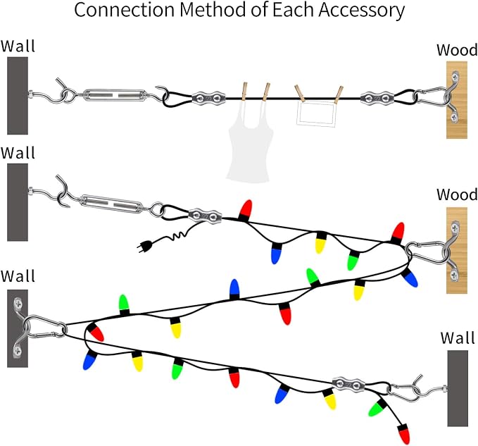 Outdoor String Light Hanging Kit Includ 164 FT Nylon Rope Cable | 304 Stainless Steel Turnbuckle & Hooks,Globe Light Suspension Kits,Patio Lights Guide Wire,Enough Accessories,Use Manual