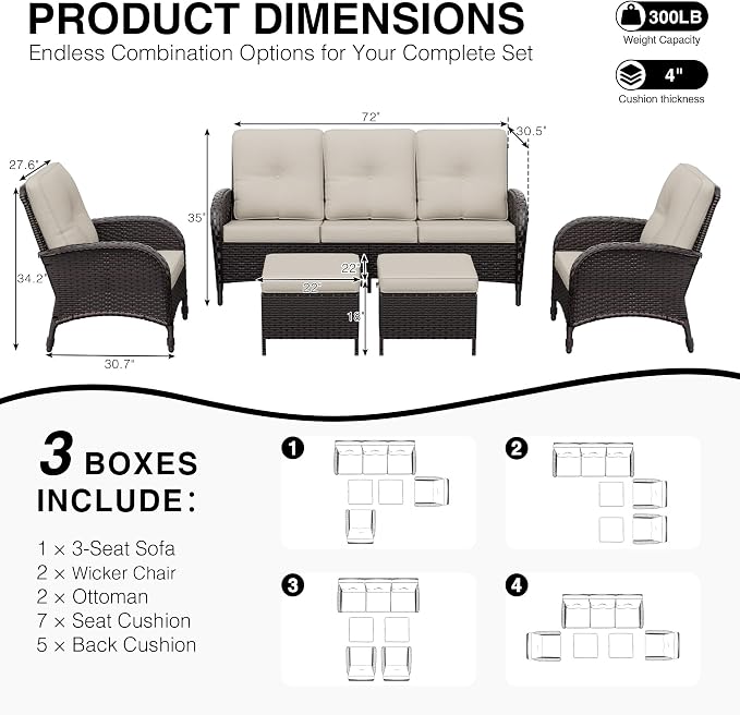 Joyside Wicker Patio Furniture Set, 5 Piece Outdoor Furniture Set with Thickened Cushions, High Back, Deep Seating, Wide Armrest, Rattan Outdoor Chairs for Porch, Deck