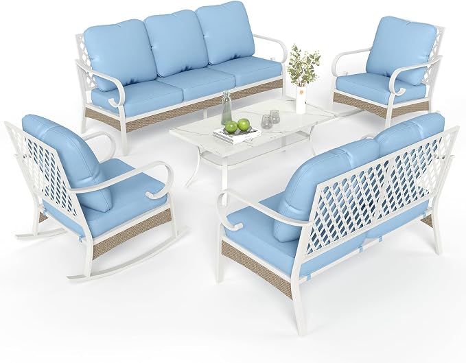 MIXPATIO 5 Piece Patio Furniture Set, 2 x Rocking Chair, 1 x 2-Seat Sofa, 1 x 3-Seat Sofa with Marbling Coffee Table, All Cushioned 7 Seats Outdoor Conversation Set for Lawn Garden Backyard, Blue