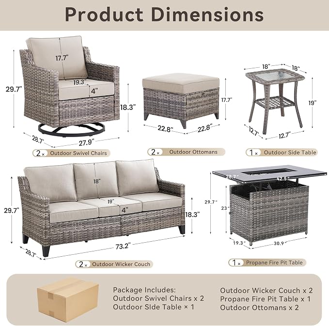 8 Pieces Patio Furniture Set with 42.5" Fire Pit Table-All Weather Wicker Outdoor Furniture with High Back Wicker Patio Chairs Set of 2 Outdoor Couch for Deck Backyard Gray/Beige
