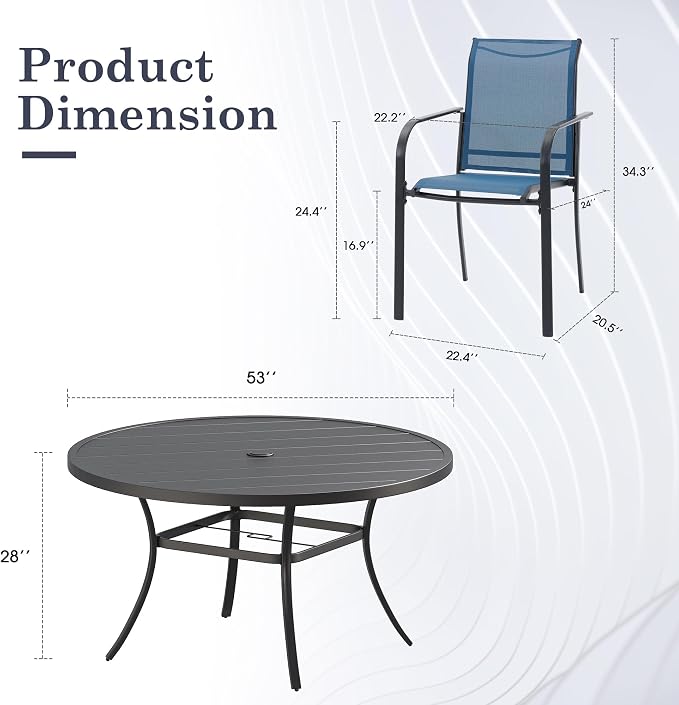 Patio Table and Chairs Set for 8, Outdoor Dining Set with 8 Stackable Dining Chairs and 53" x 53" Metal Slatted Round Dining Table for Porch, Deck, Lawn, Garden, Dark Blue & Black