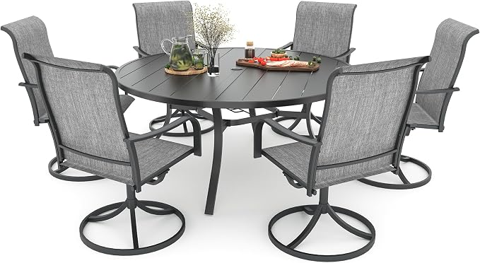 Grey Patio Swivel Rocker Chair and 54" Round Table Oudoor Dining Set 7 Sty2 | 6 Piece Swivel Chairs: High Back, Curved Armrest, Textilene Fabric, Rocking; 6-8 Person 54 inch Metal Round Table