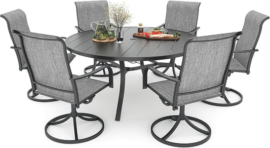 Grey Patio Swivel Rocker Chair and 54" Round Table Oudoor Dining Set 7 Sty2 | 6 Piece Swivel Chairs: High Back, Curved Armrest, Textilene Fabric, Rocking; 6-8 Person 54 inch Metal Round Table