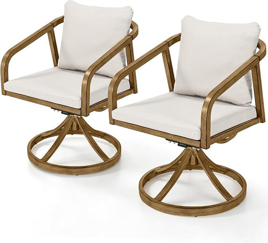 Swivel Outdoor Chairs Set of 2, Patio Dining Chairs with Removable Cushions, Never-Rust Aluminum Outdoor Dining Chairs with Wraparound Backrest and Armrest for Poolside, Deck, Backyard, Teak