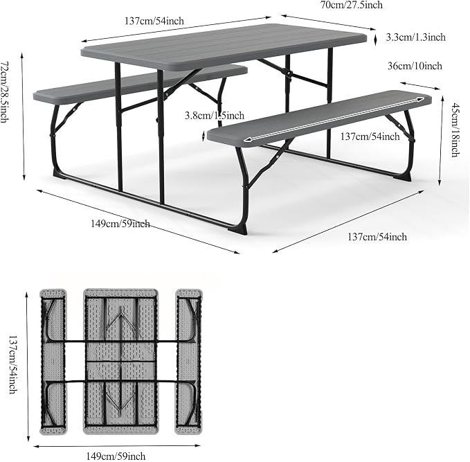 Giantex 4.5 FT Folding Picnic Table Bench Set- Outdoor Dining Set for 4-6 Persons w/All-Weather HDPE Tabletop, Metal Leg, Large Outside Dining Table for Lawn Patio Garden Yard Poolside, Grey