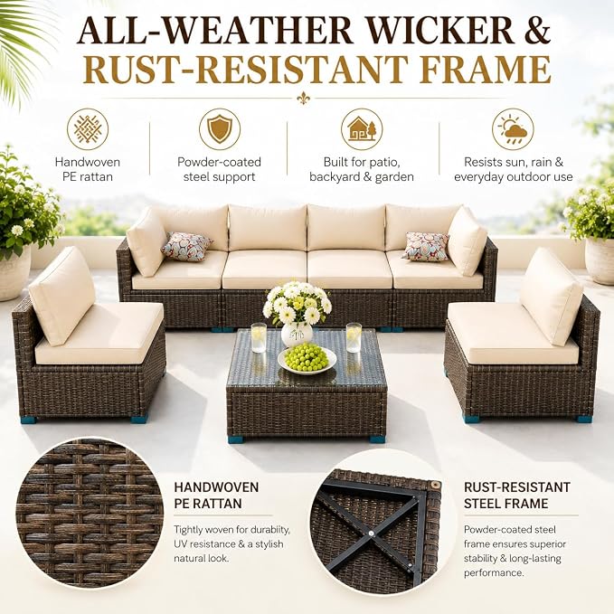 7 Piece Outdoor Sectional Outdoor Patio Furniture Set, Outdoor Patio Furniture Set with Coffee Table, Sectional Couch Sofa with Cushions, Wicker Outdoor Conversation Set for Backyard & Garden, Brown