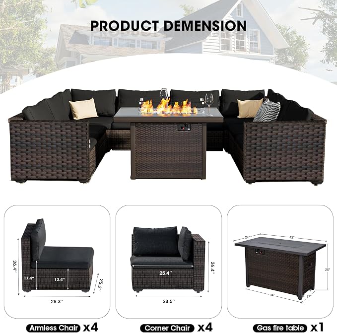 9 Pieces Patio Furniture Set with 44" Fire Pit Table, Rattan Outdoor Sectional Conversation Sets, All Weather Outdoor Furniture Set with Cushions for Garden Lawn Balcony Porch Deck Black