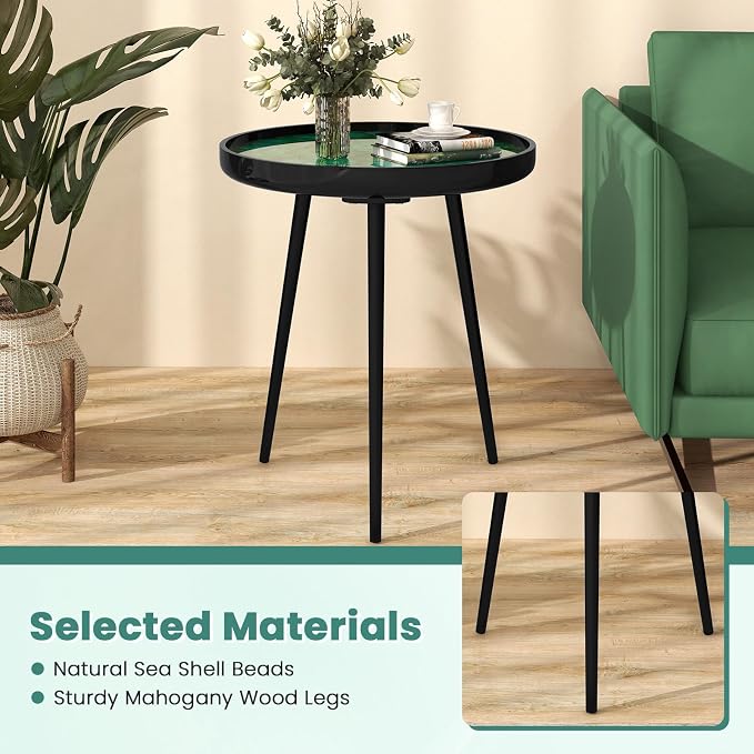 Giantex Outdoor Side Table, Round End Table with Epoxy Resin Finish, Sea Shell Decoration, Mahogany Wood Frame, Tray Top, Patio Side Table for Living Room, Pool, Yard, Porch (Green, 20” x 20” x 21.5”)