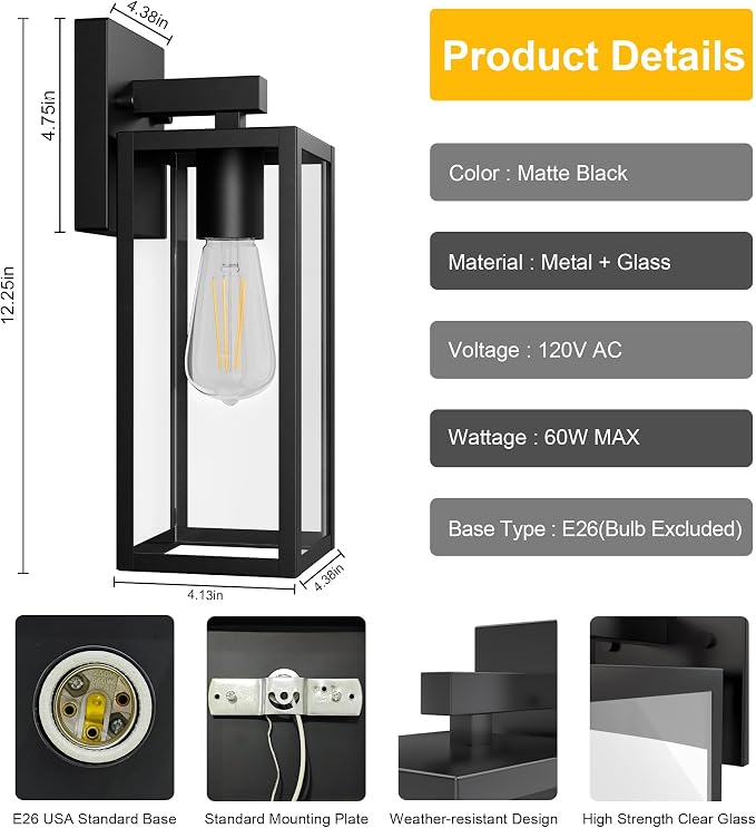 Kalium Porch Lights Outdoor Wall Light Fixture 2pcs, Matte Black, Wall Sconce 12.4 in, Toughened Frame, Clear Glass Shade, Waterproof Lanterns, for Patio, Exterior, Front, Door, Entryway