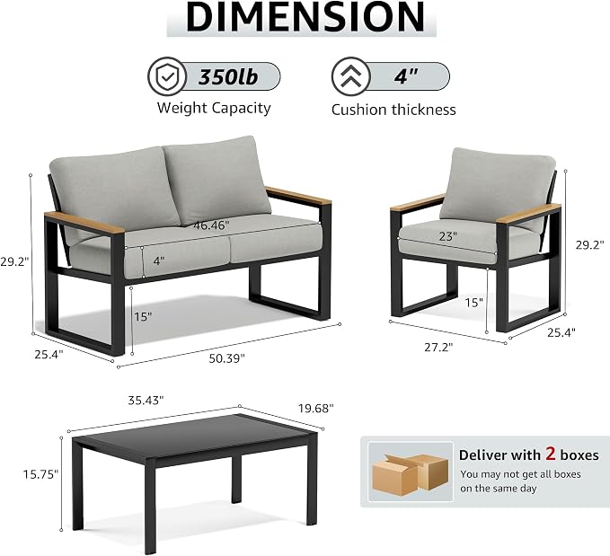 NATURAL EXPRESSIONS 4 Pieces Patio Furniture Sets,Outdoor Metal Sectional Furniture Modern Patio Conversation Set,Fauxwood Anti-Scald Armrest,Sling Mesh,Tempered-Glass Table,4" Olefin Cushions