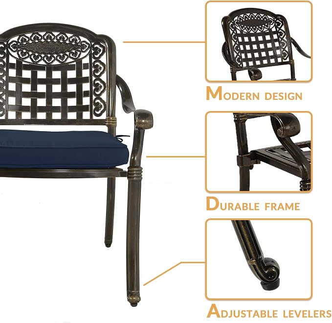 3-Piece Outdoor Patio Dining Set, All-Weather Cast Aluminum Patio Furniture Set for Backyard Garden Deck with 2 Cushioned Chairs and 35.4” Round Table, 2" Umbrella Hole, Navy Blue