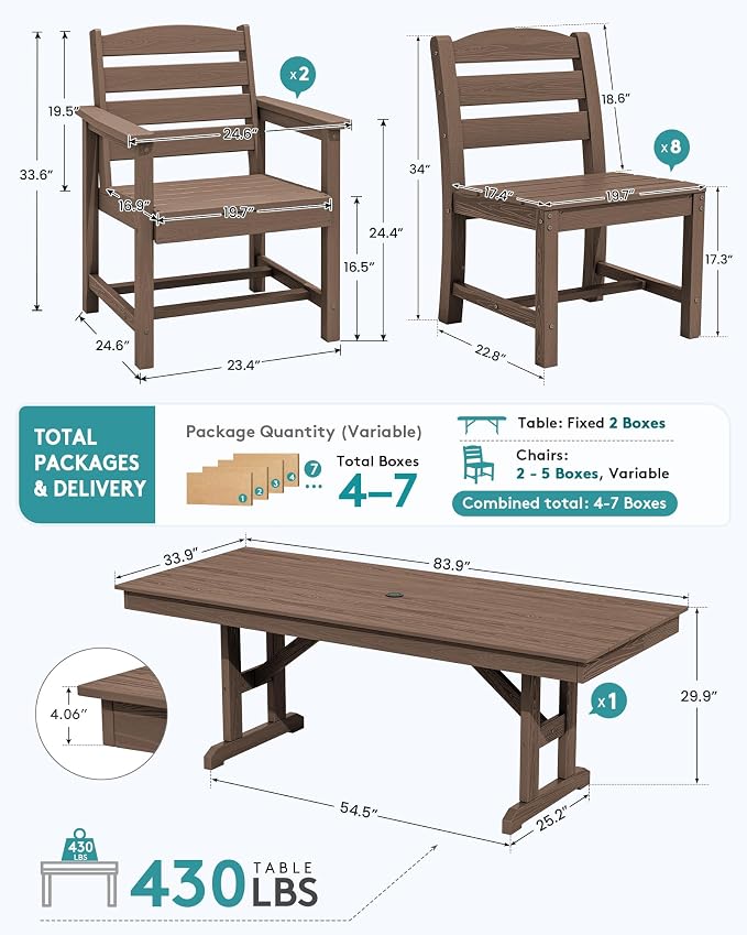 SERWALL 9 Piece Outdoor Dining Set, 84" HDPE Outdoor Table with 6 Armless Chairs and 2 Armchairs ，All Weather Patio Dining Furniture Set with Umbrella Hole for Backyard, Garden, Brown