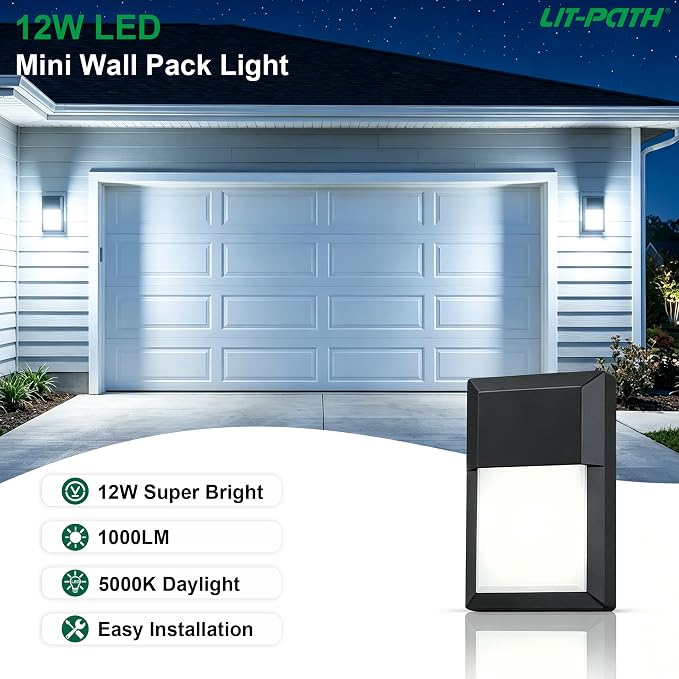 Outdoor Porch Light, LED Wall Sconce, Rustproof Aluminum | Modern Exterior Wall Light Fixture for House, Patio, Garage, 12W 1000 Lumen, Waterproof, 5000K, Black, 2 Pack