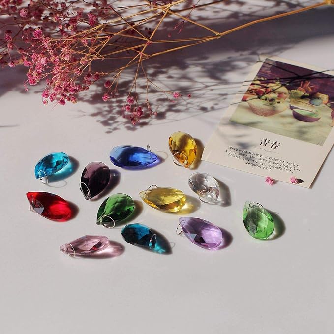 12 Pcs 38mm Multi-Color Crystal Prism Suncatcher Window Decor | Multi-Color Feng Shui Faceted Crystal Grid Prism 38mm Suncatcher Pendant Set of 12 for Window Chandelier Garden Wedding Decor