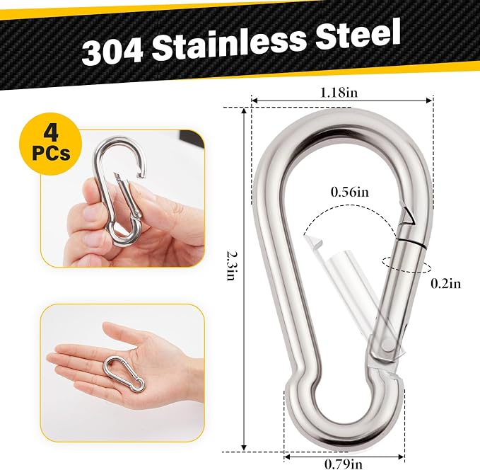 Hammock Hanging Kit, Load Capacity 1400 lb, Stainless Steel Hammock Hook Carabiner Set for Yoga Hammock Swing Chair Indoor Outdoor Relaxation (4-Pack Carabiner Clips)