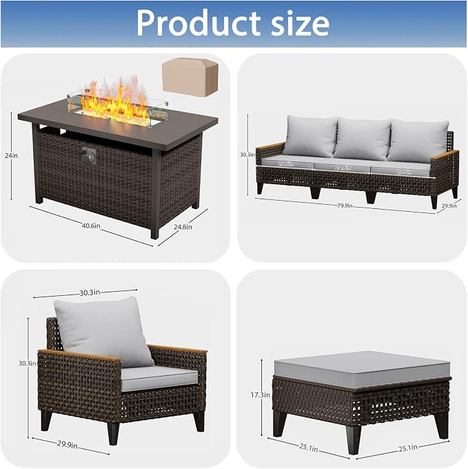 15 Piece Patio Furniture Set with 50000 BTU Propane Fire Pit Table, All-Weather Wicker Rattan Outdoor Sectional Sofa Set with High Back and Thick Cushions for Garden, Porch, Poolside, Grey