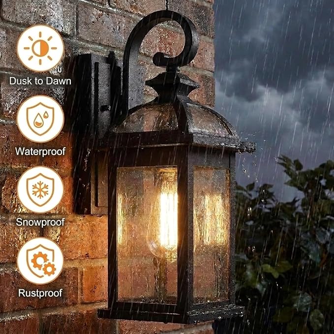 Darkaway Dusk to Dawn Outdoor Lights Fixture Wall Mount, Exterior Wall Light with Seeded Glass Waterproof Black Outside Wall Sconce for House Porch Hallway Garage