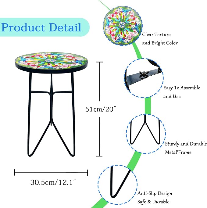 Mosaic Hummingbird Outdoor Side Tea Table, Glass Plant Tables Indoor Decorative Metal Patio Table, Valentine's Day Outdoor Tables Unique Furniture-Weather-Resistant Patio Valentine's Day Decor