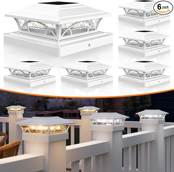 APONUO Solar Post Cap Lights 6 Pack - 4x4 5x5 6x6 Fence Post Lights, Auto On/Off, Waterproof IP64, 2-Mode (Warm/Cool White), Deck Patio Yard Solar Light for Wood & Vinyl Posts, White