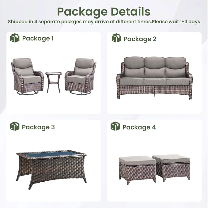 Swivel Patio Chairs sofa Set of 7 - 6" Thick Cushion - Wicker Outdoor Swivel Rocker Patio Chair ,Sofa/Glass coffee table, High Back Comfortable Outdoor Glider Chairs - Brown Wicker | Grey Cushions