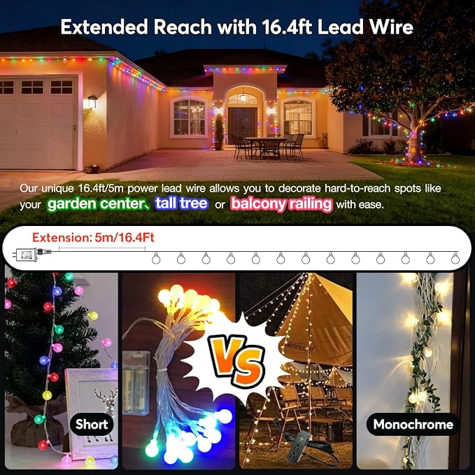 RaThun 65.6ft Globe String Lights with Remote, Multicolor & Warm White | 150 LED Color Changing,11 Modes,16ft Extended Lead,IP44 Waterproof, Linkable for Bedroom,Classroom,Christmas,Home Decor
