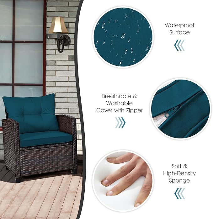 KOTEK 3 Piece Patio Furniture Set, Outdoor Conversation Set with Washable Cushions & Tempered Glass Tabletop, PE Rattan Wicker Bistro Set for Porch, Garden, Balcony (Peacock Blue)