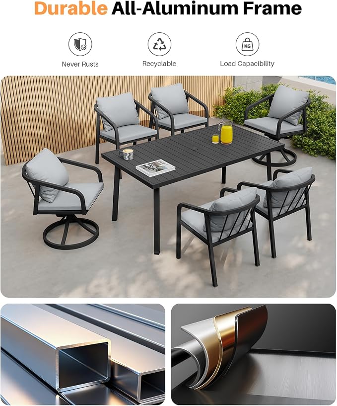 7 Pieces Outdoor Dining Set, Never-Rust Aluminum Patio Swivel Dining Set for 6, Outdoor Furniture Set with 2 Swivel Chairs, 4 Dining Chairs, Patio Table Set for Commercial, Deck, Garden, Black