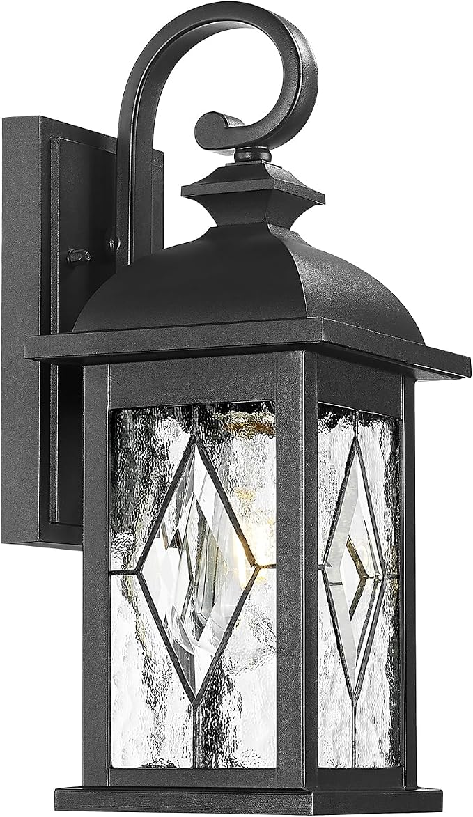 FEMILA Outdoor Wall Light Fixture,1-Light Exterior Waterproof Wall Sconce, Front Porch Lights, Matte Black Finish with Water Ripple Glass, UL Listed, 4FD54B BK-SD