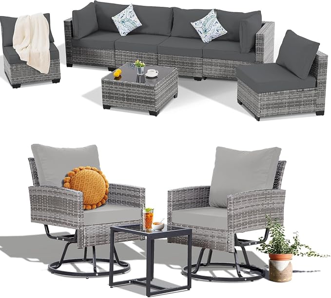 10-Piece Outdoor Patio Furniture Set with Swivel Chairs, Wicker Rattan Sectional Sofa Modular Conversation Couch with Cushions and Coffee Table for Garden Balcony Porch Lounge Areas