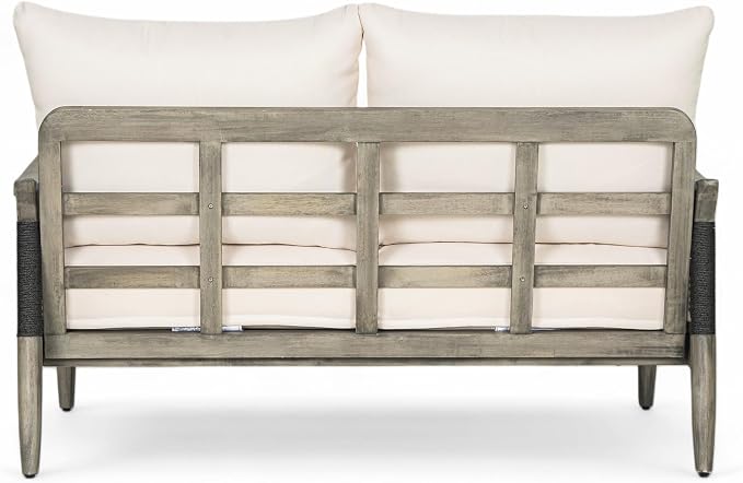 Merax 4-Piece Acacia Wood Patio Set with Loveseat, Chairs & Table | Grey Acacia Frame, Dark Grey Rope, Beige Cushions, Deep Seating And Coffee Table For Porch, Garden, Backyard Or Balcony