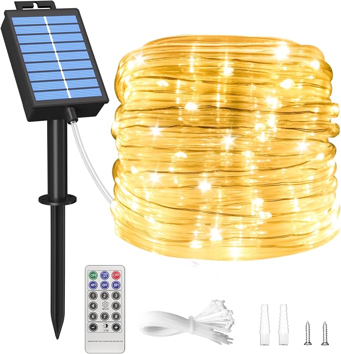 ICRGB Solar Rope Lights Outdoor, 39FT 100 LED (Warm White, 39FT) | With Remote, Waterproof, 8 Modes, for Outdoor Patio Porch Tree Wedding Christmas Pool Garden Decorative