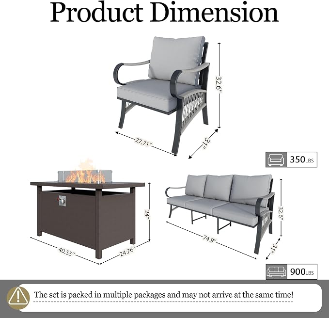 4-Piece Outdoor Furniture Set, Patio Conversation Set Include 3-Seater Sofa Couch Single Chairs with Fire Pit Table for Deck, Porch, Garden, Backyard, Poolside (Gray Cushions)