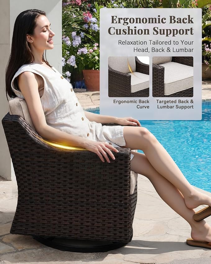 Patio Furniture Set 3 Pieces Luxury Outdoor Bistro with Swivel Rocker Chairs and Side Table, Easy Assembly Conversation Set for Porch Deck Balcony Yard in Brown Wicker and Beige Cushions