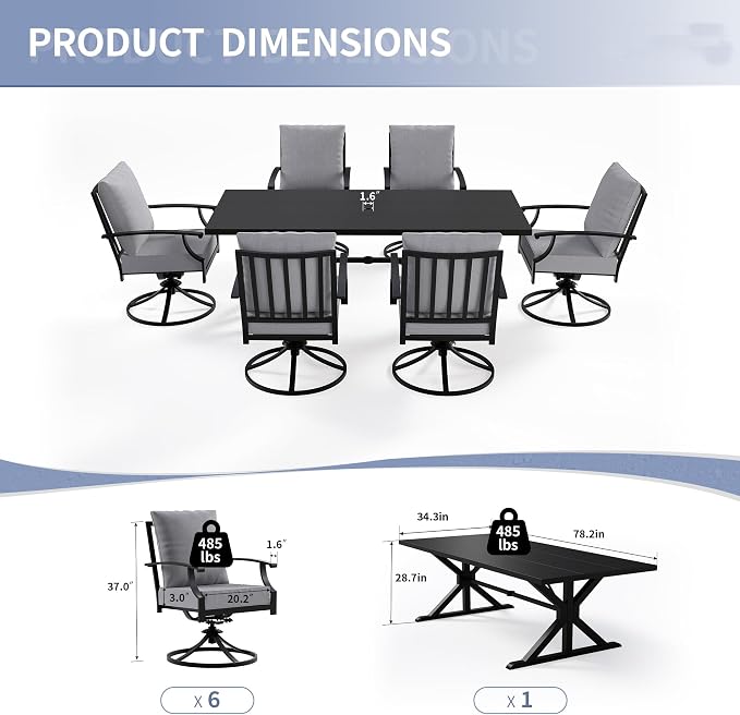 Kullavik 7 Pieces Outdoor Dining Set,Patio Dining Table and Chairs Set for 6,Fence Pattern Back Swivel Chairs with Thickened Cushions & X-Frame Metal Dining Table with Umbrella Hole for Patio,Grey