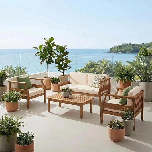 Patio Furniture Set of 4, Outdoor Sectional Furniture with Coffee Table, All-Weather Patio Conversation Set for Backyard, Garden and Poolside, Beige(Series E)