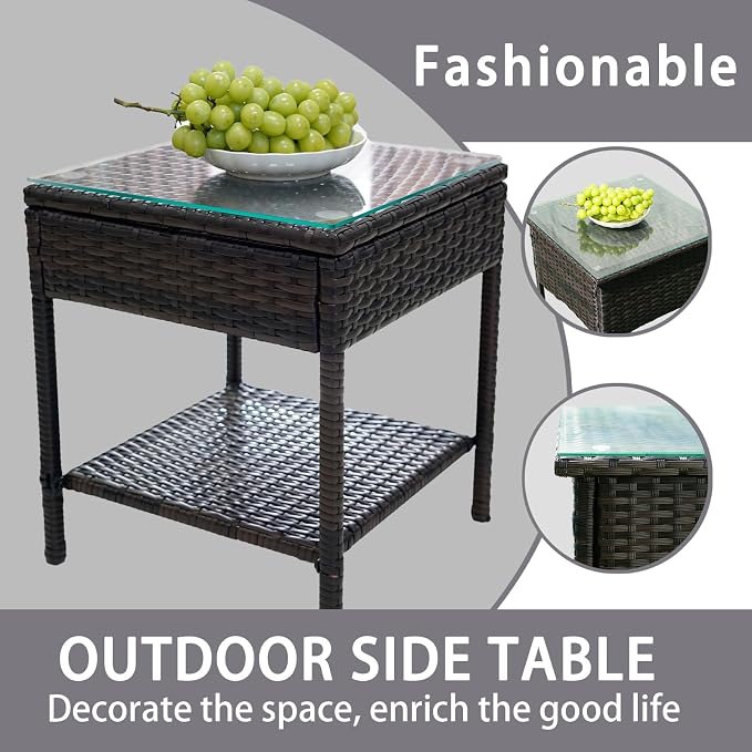 Outdoor Patio Wicker Table,Rattan Side Table,Modern Patio End Side Table with Glass Countertop and Storage Space,for Porch Garden Balcony