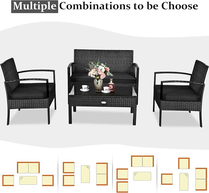 HAPPYGRILL 4-Piece Patio Conversation Set Outdoor Rattan Wicker Sofa & Coffee Table Furniture Set for Patio Garden Poolside