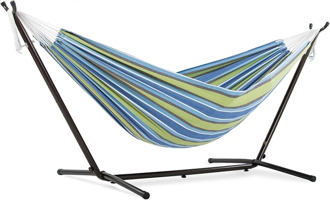 Vivere Double Cotton Hammock with Space Saving Steel Stand, Upgraded Polyester End Strings 450 lb Capacity - Premium Carry Bag Included (Oasis)