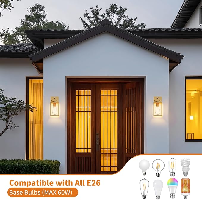 2 Pack Gold Dusk to Dawn Outdoor Front Porch Light Fixtures Wall Mount, Sensor Exterior Lantern Lamp, Outside Lights for House, Waterproof Wall Sconce, Anti Rust Coach Light for Garage Entryway